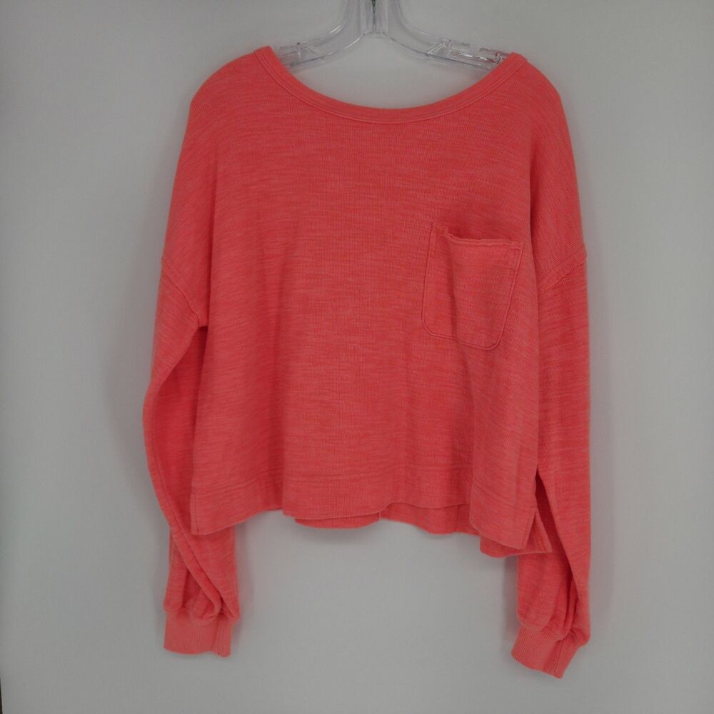 Aerie Endless Summer Womens Crewneck Sweatshirt Front Pocket Neon Coral Small